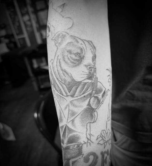 Black and grey dog portrait tattoo by Cyborgbrains
