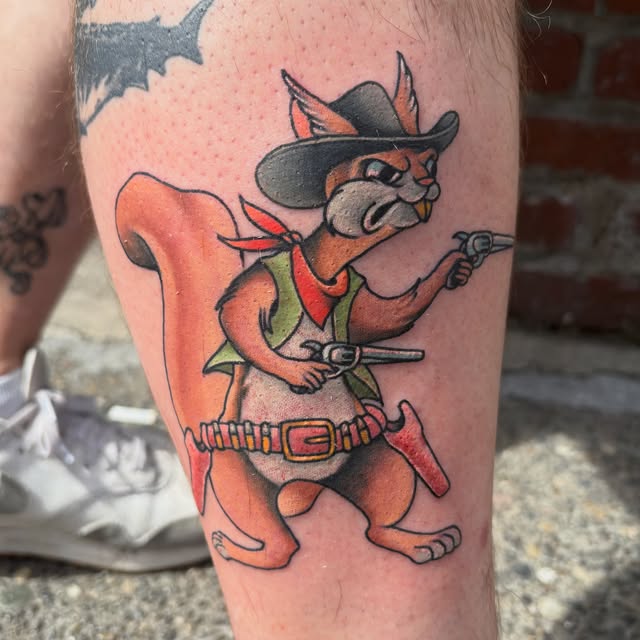 Cowboy squirrel tattoo in color by Taylor Henze